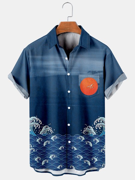 

Japanese Traditional Graphic Men's Casual Hawaiian Short Sleeve Shirt, Deep blue, Men's Floral shirt