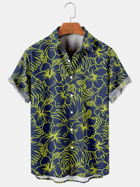 

Tropical Leaves Graphic Men's Hawaiian Casual Short Sleeve Shirt, Purplish blue, Men's Floral shirt