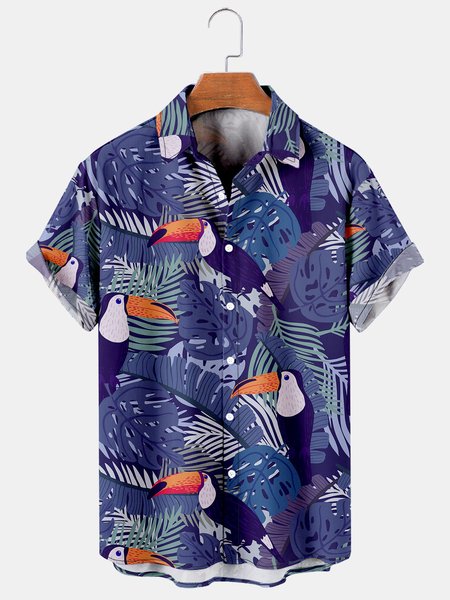 

Men's Toucan Print Casual Breathable Hawaiian Short Sleeve Shirt, Purplish blue, Men's Floral shirt