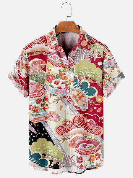 

Traditional Japanese Graphic Men's Hawaiian Casual Short Sleeve Shirt, Red, Men's Floral shirt