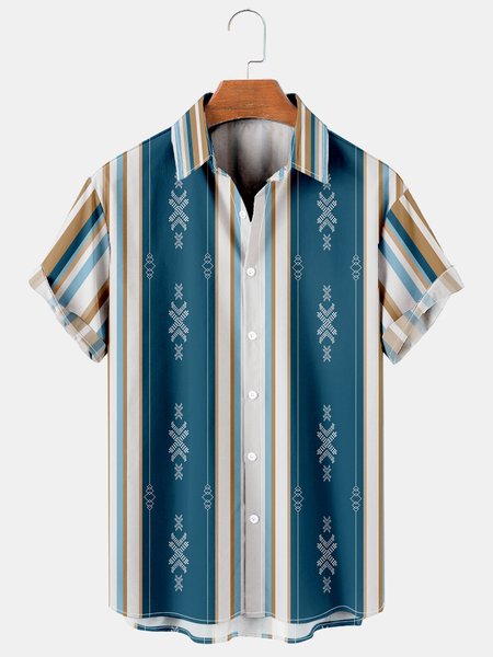 

Men's Vintage Striped Print Casual Breathable Short Sleeve Shirt, Blue, Men's Floral shirt