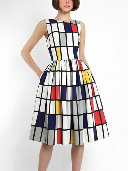

Regular Fit Crew Neck Grid Sleeveless Knee Dress, Multicolor, Midi Dresses