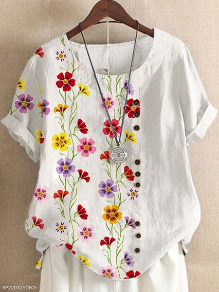 

Crew Neck Casual Short Sleeve Tops, White, T-Shirts