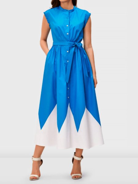 

Summer Color Block Lightweight Regular Fit Short Sleeve Woven Fit and FlareX Daily Dress, Blue, Midi Dresses