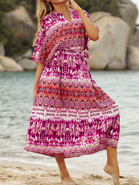 

Ethnic Gradient Print Resort Beach Dress Tribal Short Sleeve Woven Dress, Rose red, Dresses