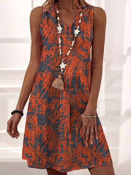 

V Neck Leaves Sleeveless Casual Woven Dresses, As picture, Mini Dresses