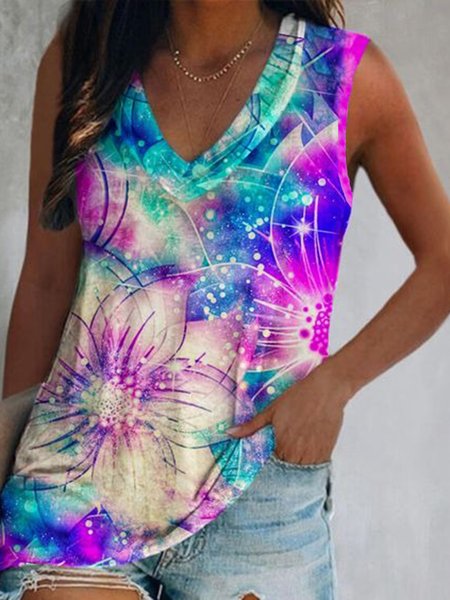 

Casual Floral V Neck Loosen Tank, As picture, Tank Top