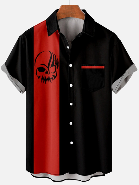 

Mens Black and Red Skull Retro Casual Short Sleeve Shirt, Short Sleeves Shirts