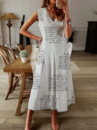 

V Neck Loosen Sleeveless Woven Dresses, White, Midi Dresses