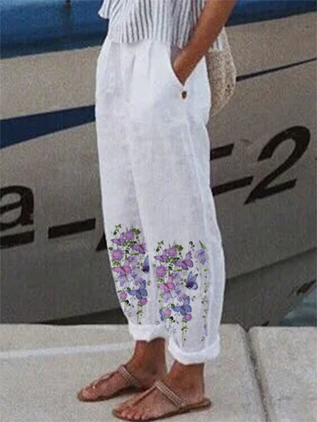 

Butterfly Casual Loosen Pants, White, Pants
