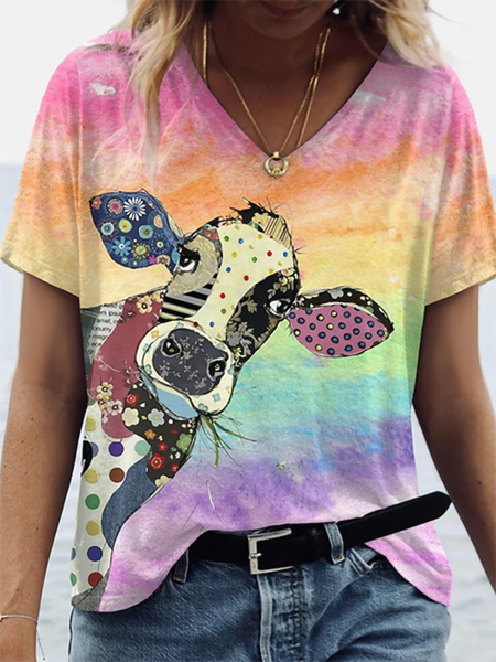 

Animal V Neck Short Sleeve Casual T-Shirt, As picture, T-Shirts