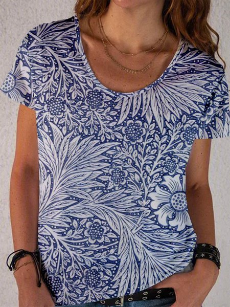 

Casual Vacation Floral Printed Round Neck Short Sleeve T-Shirt, Blue, T-Shirts