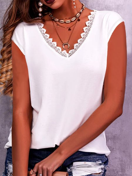 

Casual Regular Fit Lace Short Sleeve T-Shirt, White, Tank Tops & Camis