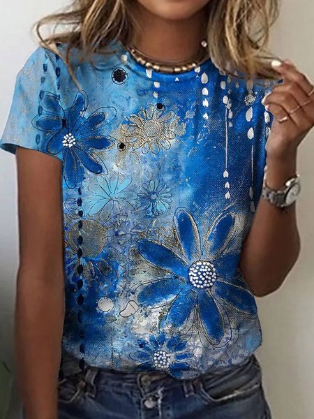 

Floral Casual Round Neck Short Sleeve T-Shirt, Blue, T-Shirts
