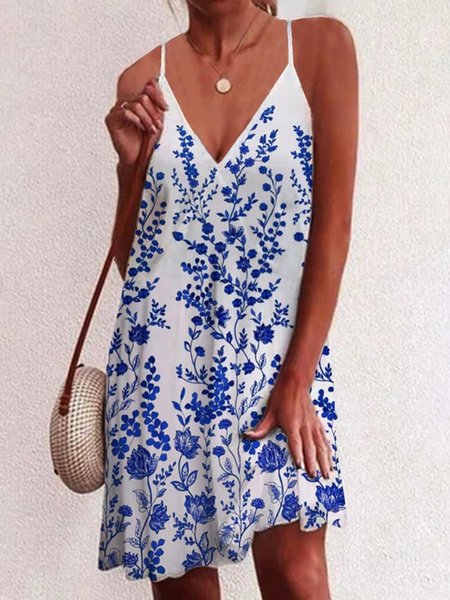

Floral Casual Spaghetti Sleeveless A-line Dresses, White, Mini Dresses