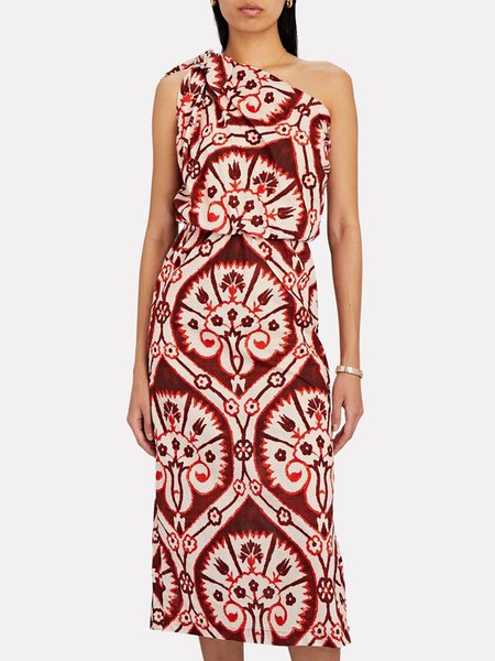 

Regular Fit Tribal One Shoulder Sleeveless Woven Dress, Red, Maxi Dresses