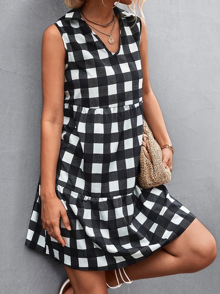 

Loosen V Neck Grid Sleeveless Woven Dresses, Black-white, Mini Dresses