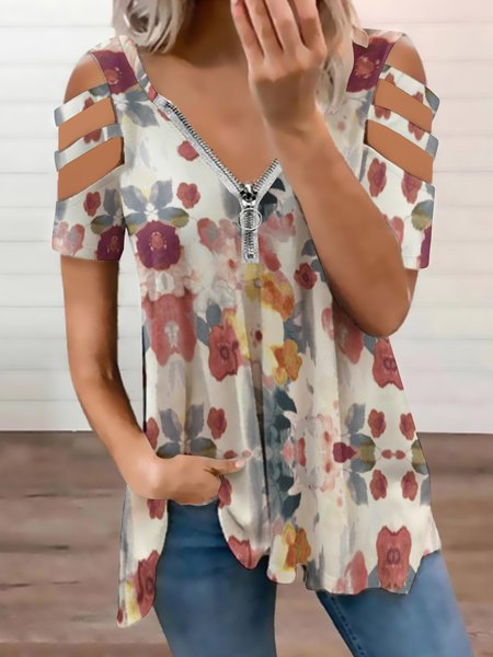 

Vintage Floral Short Sleeve Tops, As picture, Blouses