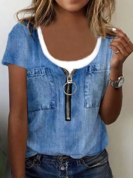 

Casual V Neck Cotton Blends Short Sleeve Tops, Blue, Shirts & Blouses