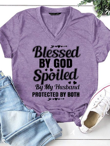 

Blessed By God Spoiled By My Husband V Neck Short Sleeve T-Shirt, Purple, T-shirts