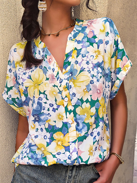 

Casual Floral Short Sleeve Tops, As picture, Blouses & Shirts