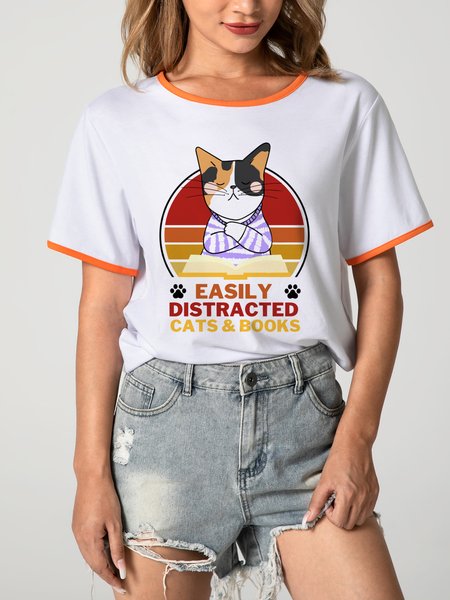 

Unocis Funny Cat And Book Print Ringer Tee, Orange, T-shirts
