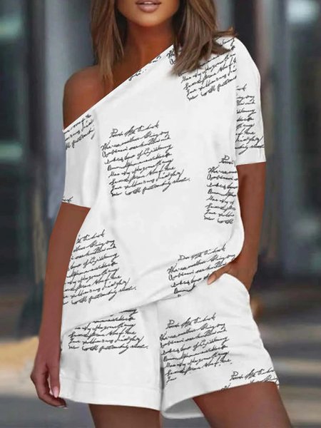 

Letter Printed Casual Loosen Pockets Boat Neck Off Shoulder Two Piece Sets, White, Two-piece Outfits