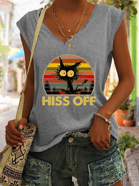 

Hiss Off Funny Cat Print V-Neck Tank Top, Gray, Tank Tops