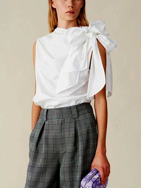 

Plain Asymmetrical Neck Simple Short Sleeve Top, White, Tops