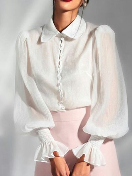 Loosen Shirt Collar Plain Long Sleeve Blouse, White, Blouses and Shirts