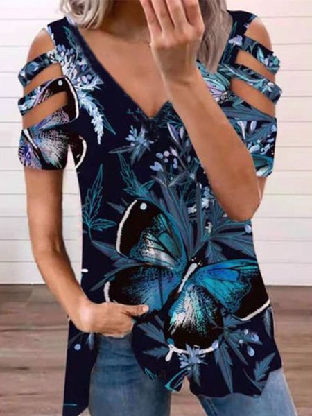 

Butterfly V Neck Casual Short Sleeve T-Shirt, Deep blue, T-Shirts