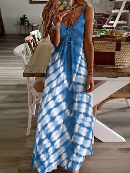

Casual Tie Dye Loosen Sleeveless Knitting Dresses, Blue, Maxi Dresses