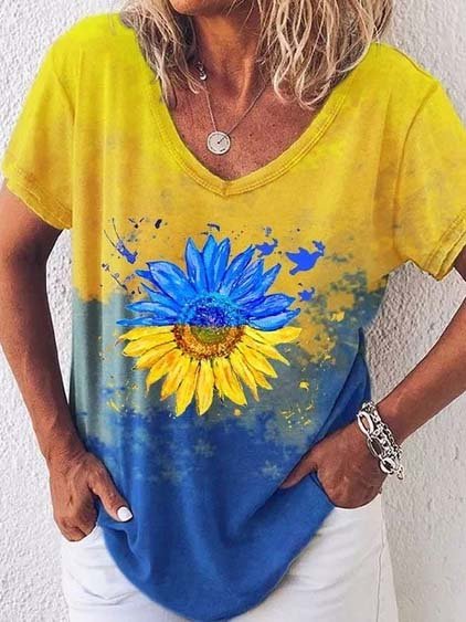 

JFN V Neck Sunflowers Vacation T-Shirt, Yellow, T-Shirts