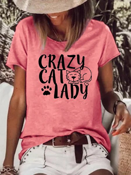 

Crazy Cat Lady Funny Print Casual T-Shirt, Pink, T-shirts
