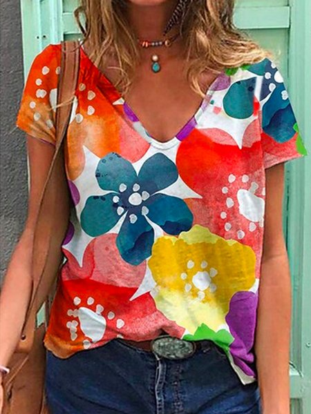 

V Neck Casual Short Sleeve T-Shirt, Multicolor, T-Shirts