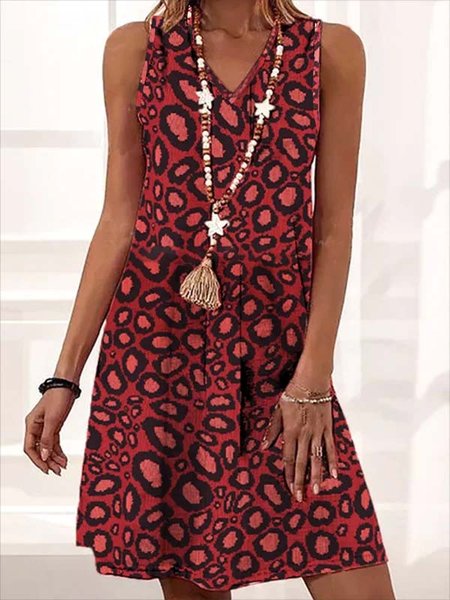 Leopard Casual V neck Sleeveless Dress, Red, Mini Dresses