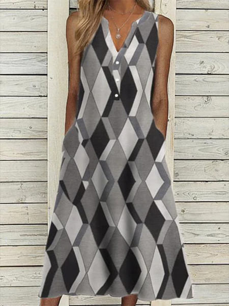 

Geometric V Neck Sleeveless Woven Dresses, As picture, Midi Dresses