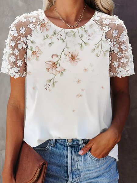 Guipure Casual Crew Neck Short Sleeve Tops, White, Tees & T-shirts