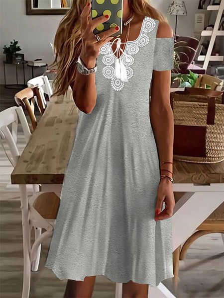 

Plain no pattern lace tassel Bohemian holiday style loose a-hem dress midi Plus Size, Gray, Dresses