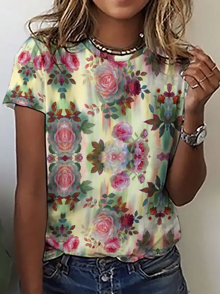 

Vintage Floral Print Short Sleeve T-Shirt, As picture, T-shirts