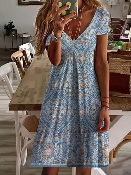 

Tribal V Neck Short Sleeve Knit Dress, Blue, Dresses