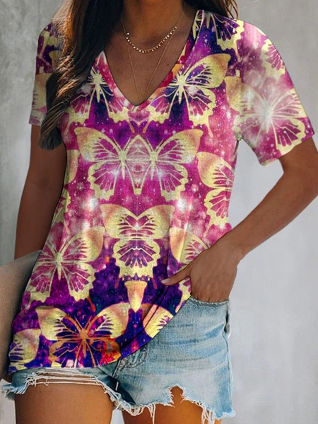 

Loosen Butterfly V Neck Shirts & Tops, Multicolor, T-Shirts