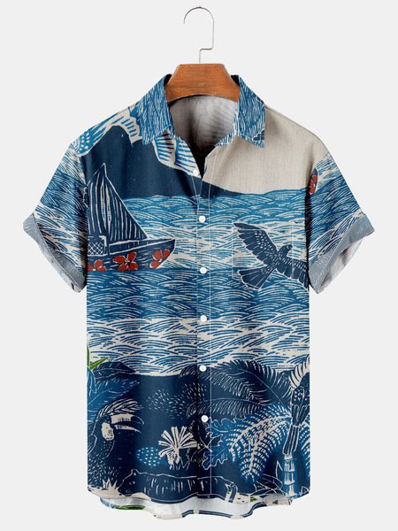 

Men's Vintage Print Casual Short Sleeve Hawaiian Shirt, Blue, Men's Floral shirt