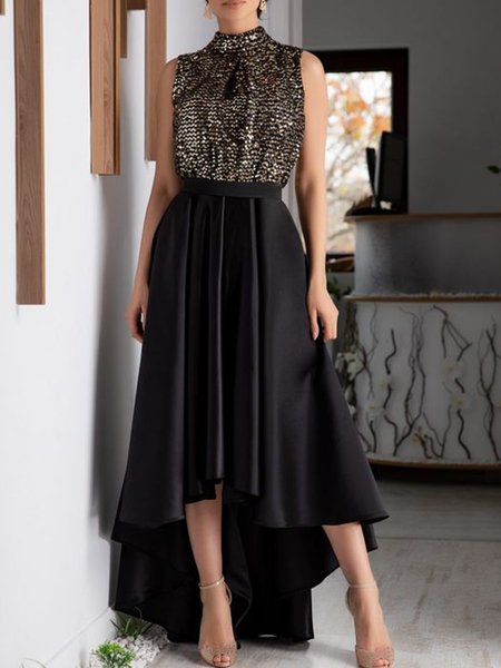 

Regular Fit Elegant Crew Neck Sleeveless Knitting Midi Dress, Black, Midi Dresses