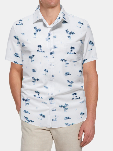 

Cotton Linen Style Coconut Plant Floral Print Lapel Cozy Linen Shirt, White, Blouses&Shirts