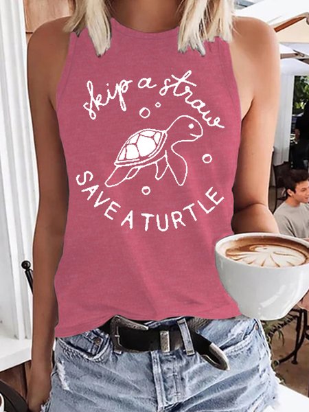 

Save A Turtle Letter Printed Shirts Casual Letter Knit Tank, Pink, Tank Tops
