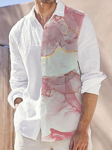 Cotton and Linen Style Natural Geographic Gradient Versatile Linen Shirt, White-red, Blouses&Shirts