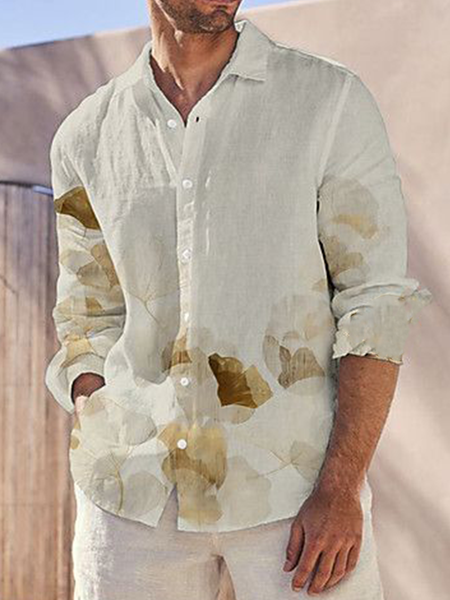 

Cotton And linen Style Botanical leaf floral Print linen Shirt, As picture, Blouses&Shirts