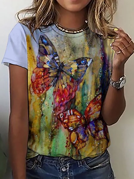 

Casual Abstract Butterfly Gradient Print Crew Neck Short Sleeve T-Shirt, As picture, T-shirts