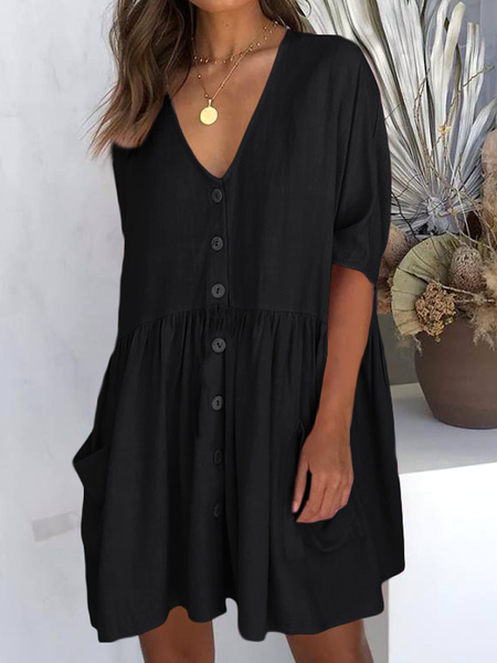 

Black Plain Cotton and Linen Beach Resort Dress Plain Short Sleeve Knit Dress, Dresses